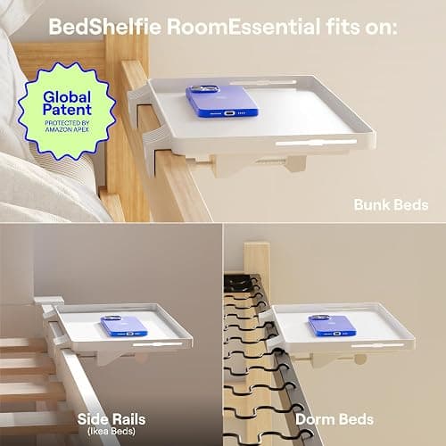 BedShelfie Bedside Shelf for Dorm Room Bunk Bed & Top Bunk, College Dorm Room Essentials, Bedside Caddy, Clip on Floating Tray, Bed Side Table Storage, Loft Nightstand Decor - Dorm Essential, White thumbnail 3
