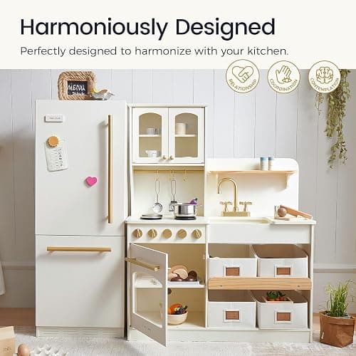 Tiny Land Wooden Toy Fridge with Spacious Storage, Realistic Play Kitchen Refrigerator for Kids’ Pretend Play with Three Freezer Magnets thumbnail 3