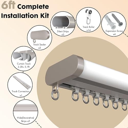 Silent Curtain Track Ceiling Mount 6'/8'/10'/12'/15', Wide 1.7" White Aluminum track Curtains Rail Set, Bedroom/Window/Hotel Drop Ceiling Curtains Tracks (without curtains & hooks) Single track 6ft thumbnail 3