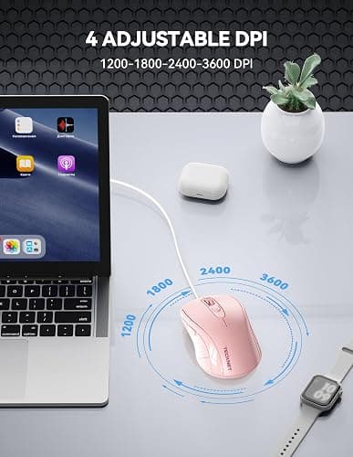 TECKNET Wired Optical USB Mouse - 3600 DPI Tracking, Gaming Grade Sensor, 6 Buttons, Business & Office PC/Laptop Mouse, Great for Graphic Design (Pink, Medium) thumbnail 3