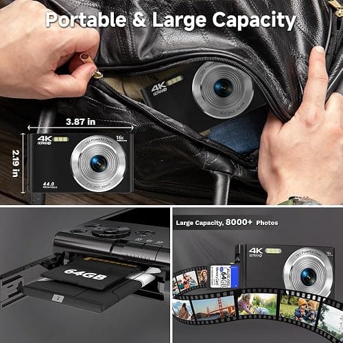 Digital Camera 4K, Upgrade Black Cameras for Teens, Autofocus Digital Point and Shoot Camera for Kids with 16X Zoom, 64GB SD Card, Compact Small Camera for Boys Girls Teens Kids Gift thumbnail 6