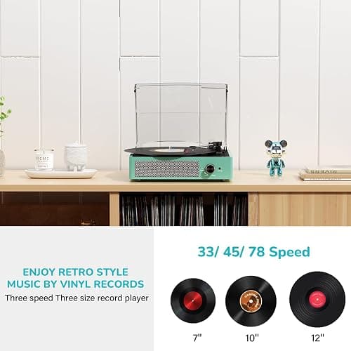 Record Player for Vinyl with 2 Build-in Speakers LP Vinyl Players Belt-Driven Vintage Turntables 3 Speed 3 Size, Wireless Bluetooth Playback, AUX-in, RCA Out, Headphone, Auto Stop,Water Blue thumbnail 4