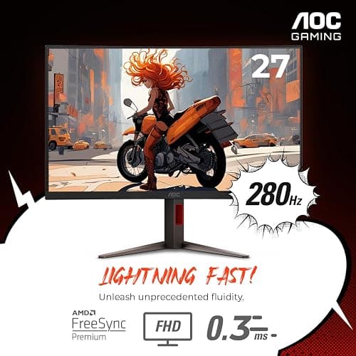 AOC C27G4ZH 27" Curved Frameless Ultra-Fast Gaming Monitor, FHD 1080p, 0.3ms HDMI 240Hz/DP 280Hz, 1500R, AMD FreeSync, HDR, Height Adjustable, 3-Year Zero Dead Pixel Guarantee thumbnail 2
