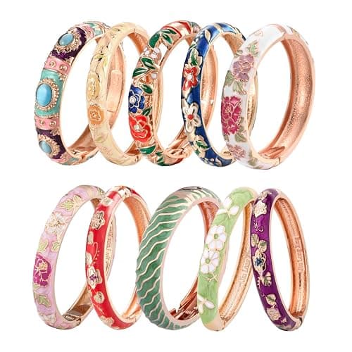 UJOY Random Pack Colors Enamel Jewelry Set Flower Engraved 10 PCS Cloisonne Bracelets in a Box - Image 1