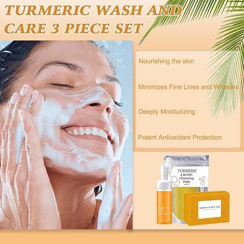4Pcs Turmeric Wash and Care Three Piece Set, Turmeric Trio: Facial Wash, Cleansing Mousse & Soap for Skin Care, Turmeric Cleansing Exfoliating Pads, Turmeric Face Wash for Face & Body thumbnail 2