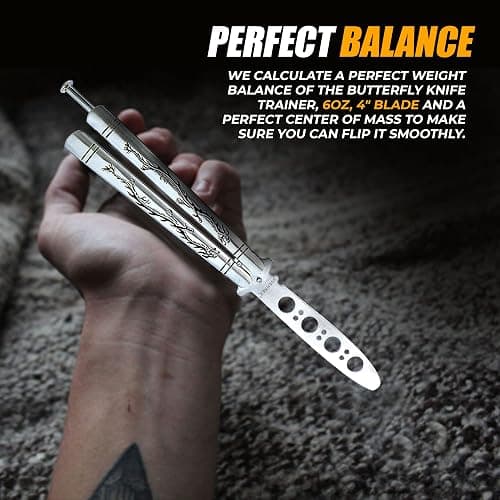 VORNNEX Practice Butterfly knife Trainer with Sure Spring Latch, Full Stainless Steel Black Dull Balisong, Unsharpened Butterfly knives Comb for CSGO Training(Silver) thumbnail 5