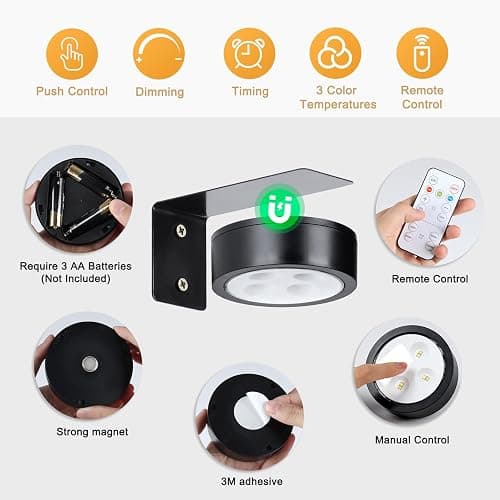 KELUOLY 4-Pack Picture Light Battery Operated with Remote, Led Lights Dimmable and Timer Painting Light, Art Display Light for Picture Frame Artworking Portrait, Home Wall Decor Puck Lights, Black thumbnail 3