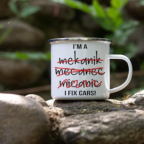 Purple Print House Funny Mechanic Enamel Mug, I Fix Cars Bad Spelling, Mechanic Gifts for Him, Dad Grandad Birthday Automotive Gift, Car Garage Metal Coffee Cup for Hiker, One Size, White thumbnail 2