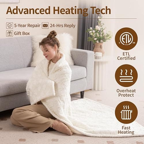 Bearhug Heated Throw Blanket, 50"×60" Electric Throw, White Flower Patterns Faux Fur & Warm Sherpa, 4h Auto-Off Timer & 6 Heating Levels, ETL Certified, Machine Washable, Gift Box thumbnail 4