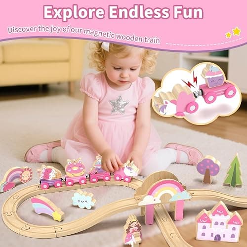 Lehoo Castle Wooden Train Set, Unicorn Train Set for Toddlers 2-4, Wooden Train Track Toddler Girl Toys Pink Train Toys for 3 4 5 6 Year Old Girl thumbnail 3