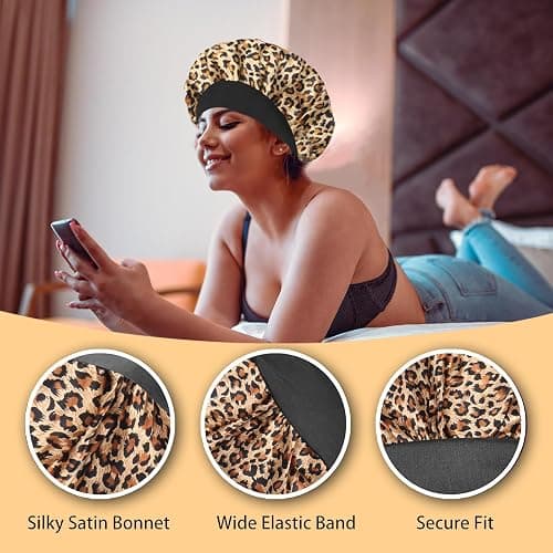 4PCS Silk Hair Bonnet for Sleeping,Hair Wrap Satin Bonnets Shower Cap for Black Women Men, Elastic Wide Band Hair Bonnet Cap for Sleeping Curly Hair(Black & Wine Red & Purple Print & Leopard Pattern) thumbnail 7
