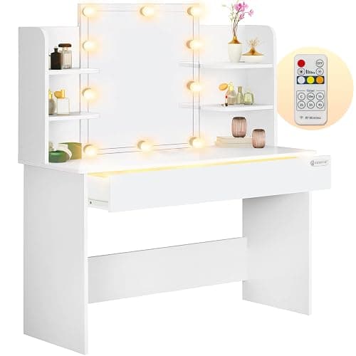Casaria® Schminktisch mit Spiegel LED Beleuchtung Fernbedienung Schublade Beleuchtet Organizer Weiß Frisiertisch Ablagen 110x40cm Kosmetiktisch Holz thumbnail 9