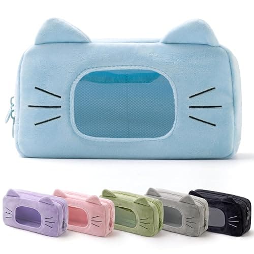 EASTHILL Cute Cat Plush Pencil Case with Clear Display Window, Large Capacity Kawaii Pencil Pouch for Girls Teens, Aesthetic Soft Fluffy Cat Ear Stationery Bag for School Office Travel-Blue - Image 1