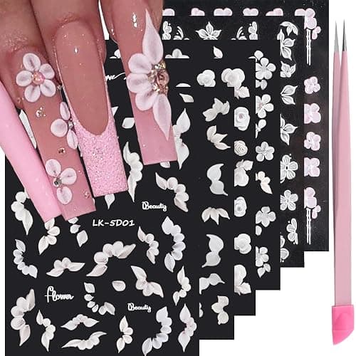 VOTACOS 6 Sheets Flower Nail Stickers for Nail Art 5D Embossed Engraved Nails Decals 3D Spring Nails Supplies Accessories Self-Adhesive DIY Design Decoration for Women and Girls - Image 1