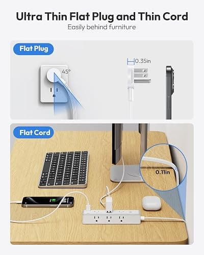 Surge Protector Power Strip 10 FT, Flat Extension Cord with 9 Widely Outlets 3 USB Ports(1 USB C), 1080J, Flat Plug, 3 Side Extension Cord with Multiple Outlets, Mounted, for Indoor Home Office, White - 10FT - White thumbnail 6