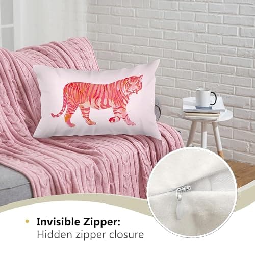 HONLUNG Preppy Dorm Decor Throw Pillow Covers, Coquette Pink Tiger Pillow Case 12x20in, Decor for Home Dorm Bedroom.(Pink) thumbnail 5