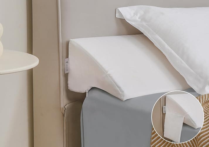 Vekkia Queen Bed Wedge Pillow for Headboard Gap Filler(0-5"),High-Density Foam,Prevent Pillow & Item from Falling,Ergonomic Design,Large Storage Pockets, Removable&Washable Cover,White,60''x10 x6 - Image 1