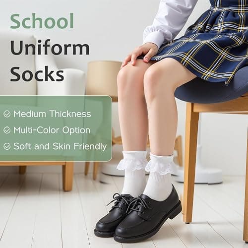 HONGTEYA 6 Pairs Girls White Ruffle Socks School Uniform Dress Socks for Kids Seamless Crew Ankle Cotton Size 2-14 Years thumbnail 4