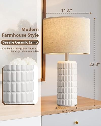 Seealle 23" Single Modern Ceramic Table Lamp, Nightstand Lamp, White | Lamp for Living Room, Bedroom, Bedside, Night Stands, End Table, Desk, Farmhouse Home Decor thumbnail 5