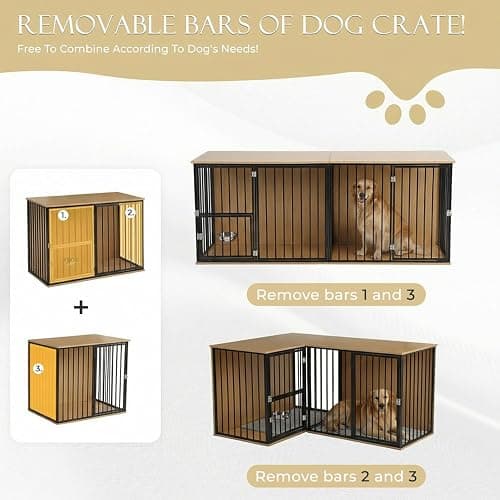 Large Double Dog Crate Furniture - TV Stand & Indoor Kennel with Adjustable Divider, Heavy Duty Wooden Pet House for 2 Large Breed Dogs, Removable Doors, with Rotating Feeder (Dark) thumbnail 3