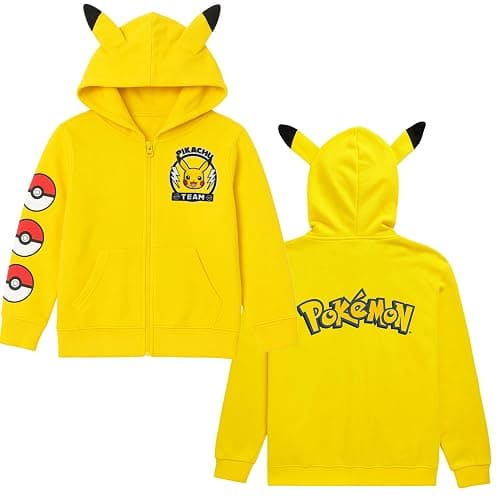 Mad Engine Pokémon Pikachu Costume Hoodie with 3D Ears, Long Sleeve Hooded Sweatshirt, Boys 6-16 - Image 1