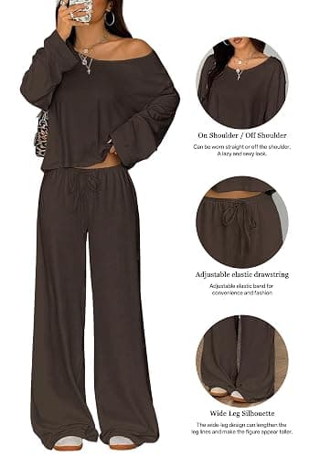 TDCoool Two Piece Matching Lounge Sets For Women Vacation Airport Fall Outfits Off Shoulder Sweatshirt Wide Leg Sweatpant Set thumbnail 3