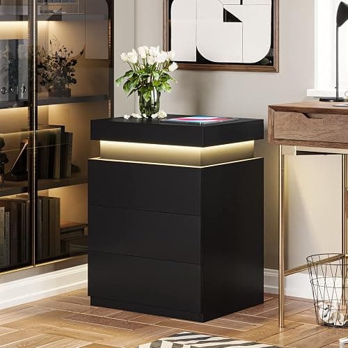 ADORNEVE Nightstand with Charging Station and LED Lights,Night Stand with Sliding Top,Bedside Table with Drawers,Modern End Side Table for Bedroom,Black thumbnail 6