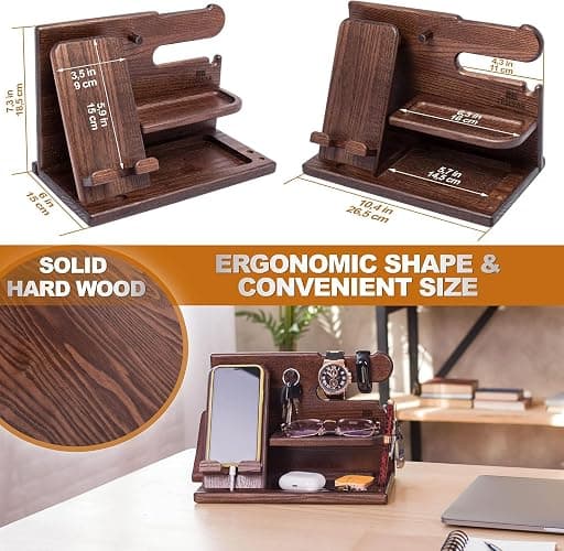 TESLYAR Wood Phone Docking Station for Men - Desk or Nightstand Organizer - Birthday Gifts for Husband, Dad - Anniversary Idea from Wife - Key Holder, Stand Wallet, Watch & Essentials (Bourbon Brown) thumbnail 6