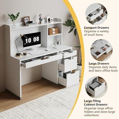 MaverickFurni White Desk with Hutch and Drawers, 53 Inch Computer Desk with Storage File Drawer, White Study Desk with 4 Drawers for Bedroom, Small Space thumbnail 7