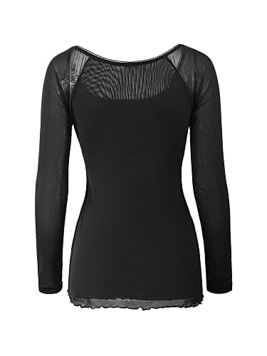 Y2K Mesh Top Women Long Sleeve Shirts Scoop Neck Ruffle Hem Babydoll Blouse thumbnail 7