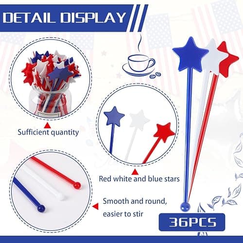 Jansun 36 Pcs 4th of July Patriotic Cocktail Stirrers, Red White and Blue Drink Stirrers Plastic Swizzle Sticks Reusable Coffee Stirrers Stir Sticks for Fourth of July Independence Day Party Supplies thumbnail 4
