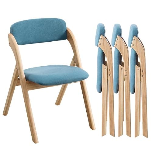 YUUIJOAA 4-Pack Folding Chairs with Cushion, Linen Padded Foldable Dining Chairs, Portable Raw Wooden Folding Chairs for Dining Rooms Parties Offices Indoor Outdoor Blue - Image 1
