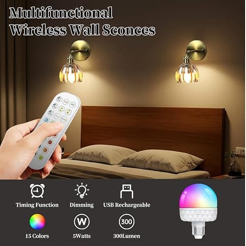 GEEZO Vintage Battery Operated Wall Sconce, with Rechargeable Battery Powered Wall Light with Remote Control for Bedside Bedroom thumbnail 4