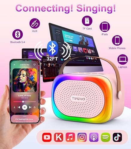TiMOVO Mini Karaoke Machine, Portable Bluetooth Speaker with 2 Wireless Microphones and LED Lights, Birthday Gifts for Family Home Party, Pink thumbnail 7