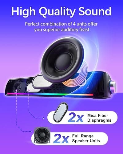 Computer Speakers, Hi-Fi Sound Quality Computer Sound Bar, Bluetooth 5.0 & 3.5mm Wired PC Speakers with 4 Dynamic Lighting Modes, USB Powered Speakers for PC, Desktop, Laptops, Phones, Monitors, Xbox thumbnail 2
