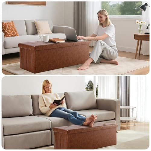 DUMOS Foldable Storage Ottoman Bench 43in, Foot Rest Stool, Synthetic Leather Storage Chest with Thicker Foam Padded Seat for Entryway Living Room, Modern Brown thumbnail 4