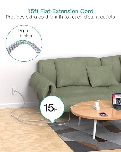 Mifaso Extension Cord, Surge Protector Power Strip, Long Power Strip with 9 Outlets 4 USB Ports, Extension Cord with Multiple Outlets, USB Power Strip for Dorm Room Essentials, College(15FT, White) thumbnail 2