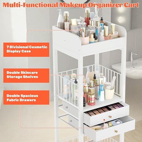 Rolling Makeup Cart Organizer, Floor Skincare Make Up Storage, Vanity Organizer with 2 Non-woven Fabric Drawers, Cosmetic Display Holder for Skin Care, Perfume, Nail Polish, Makeup Brush, Hair Tool thumbnail 4