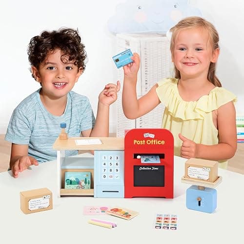 SOKA Wooden Post Office Play Set with Stamps and Mail Creative Pretend Play Toy Role Playset Educational Montessori Developmental Game For Kids Children Boys Girls 3 year old + thumbnail 2