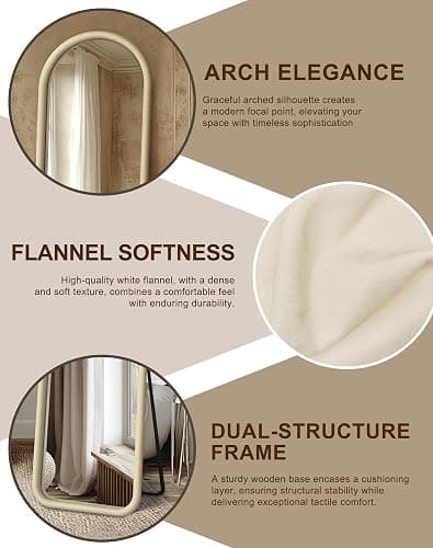 Delma Arched Full Length Mirror, Free Standing Floor Flannel Frame Mirror for Leaning or Hanging, Soft Touch Bedroom & Living Room Decor, Cream White thumbnail 6