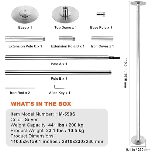 VEVOR Professional Dancing Pole, Spinning Static Dancing Pole Kit, Portable Removable Pole, 45mm Heavy-Duty Stainless Steel Pole, Height Adjustable Fitness Pole, for Exercise Home Club Gym, Silver thumbnail 7