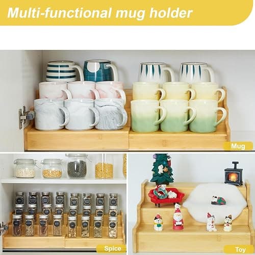 Hongtamoya 3-Tier Expandable Bamboo Mug Holder For Countertop Coffee Cup Holder Display Mug Organizer Mug Rack for Coffee Bar Organizer Mug Shelf for Cabinet for Kitchen, Home thumbnail 8