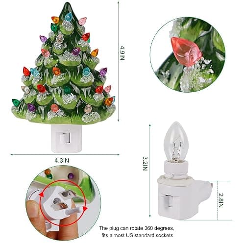 Hausse Christmas Ceramic Tree Night Light, Decorative Snow Covered Xmas Tree Nightlight with Lamp, Multicolor Bulbs & 360 Degree Swivel Plug with ON/Off Switch for Home Bathroom Bedroom Decor thumbnail 2
