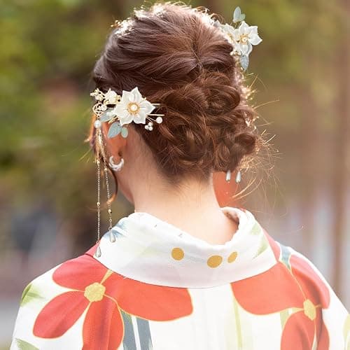 5 Pcs Camellia Flower Tassels Hairpins Set, Chinese Hanfu Crystal Rhinestone Pearl Hair Clips, Retro Wedding Brides Hair Accessories for Women thumbnail 6