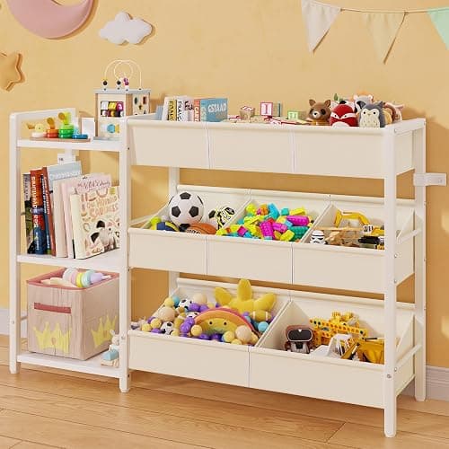 CYXPHION B7 Toy Storage Organizer with 3-Tier Wooden Shelves and 8 Bins, Toy Chest Storage, Toy Shelf Organizer, Kids Bookshelf and Toy Storage for Kids Room, Bedroom, Playroom, Nursery, White - Image 1