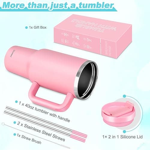 40 oz Tumbler with Handle and Straw, 2 in 1 Lid, Vacuum Insulated Stainless Steel Double Wall Water Bottle Travel Mug - Holiday Gifts for Women Men - Pink thumbnail 3