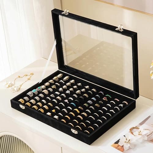 Frebeauty Ring Organizer Tray 100 Slots Ring Holder with Clear Lid Velvet Storage Box Jewelry Tray for Jewelry Store Earring Display Case for Jewelry Show Studs Box for Women(Black) thumbnail 7