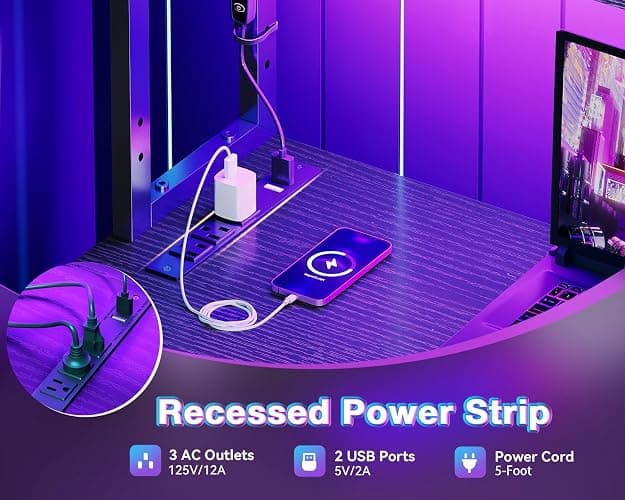 AODK L Shaped Desk Gaming Desk with LED Light & Power Outlet, 43 Inch Reversible L Shaped Computer Table with Shelf, Corner Desk with Storage Bag&Hook for Home Office Desk, Black thumbnail 5