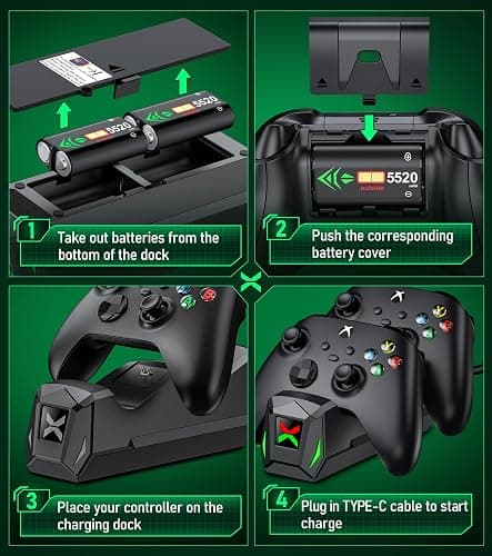 Upgraded Controller Charger Station with 2x5520mWh Rechargeable Battery Packs for Xbox One/Series X|S, Dual Charging Dock for Xbox One Battery Pack (Controller not Included) thumbnail 7