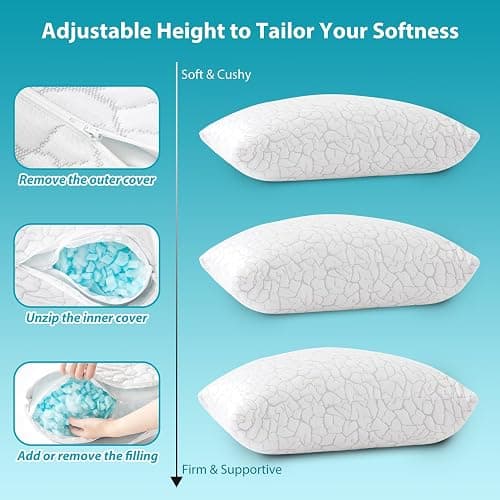WGAKCED Cooling Pillows for Sleeping 2 Pack, Adjustable Shredded Memory Foam Pillows Queen Size Set of 2, Firm Bed Pillows for Side Back Stomach Hot Sleepers, Cold Pillow with Removable Washable Cover thumbnail 6